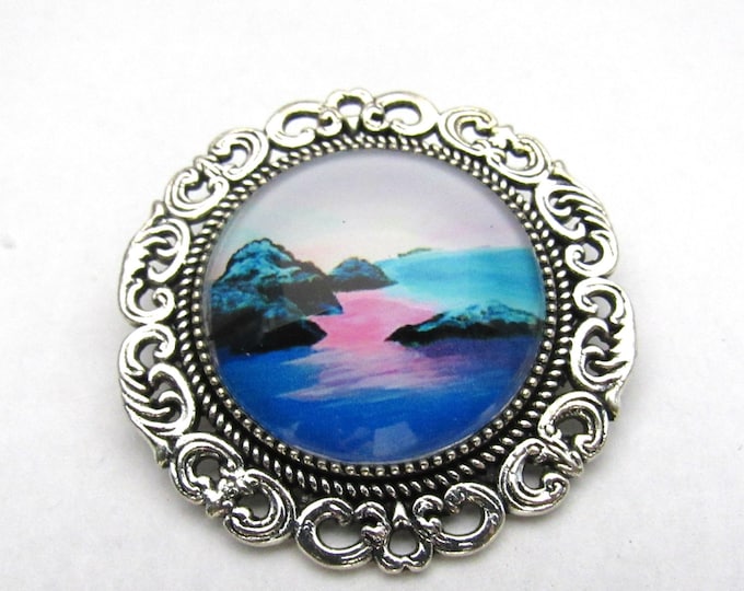 Antique Silver Tone Seashore Glass Cabochon Brooch/Pin 1.5" (J10f11)