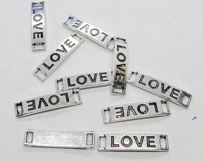 10 Silver Tone Rectangular Word Connector Links W/"Love" 28x7mm (A175b)