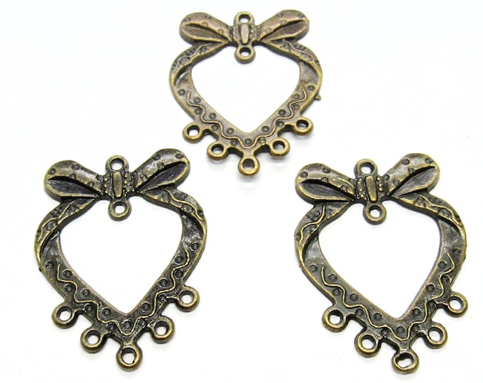 3 Antique Bronze 1 to 5 Filigree Heart Chandelier Links 39x28mm (A187q)