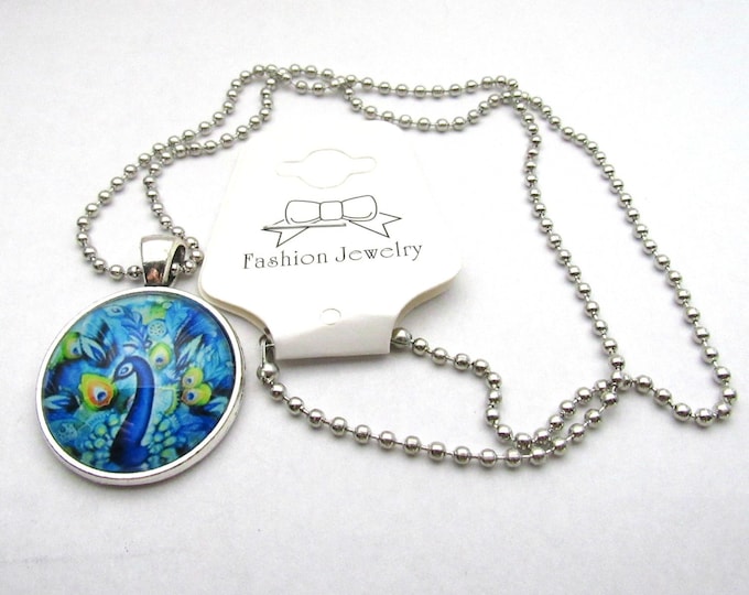 Silver Tone Peacock Glass Cabochon Pendant Necklace on 3mm Stainless Steel Ball Chain 20" (J9s)