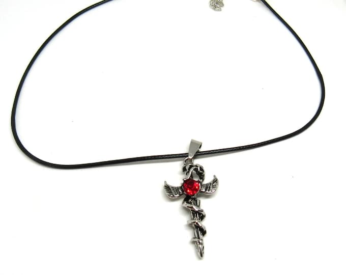 Antique Silver Snake on Winged Scepter Pendant Necklace w/ Red Rhinestone on 17.5" Black Waxed Cord (J8L)