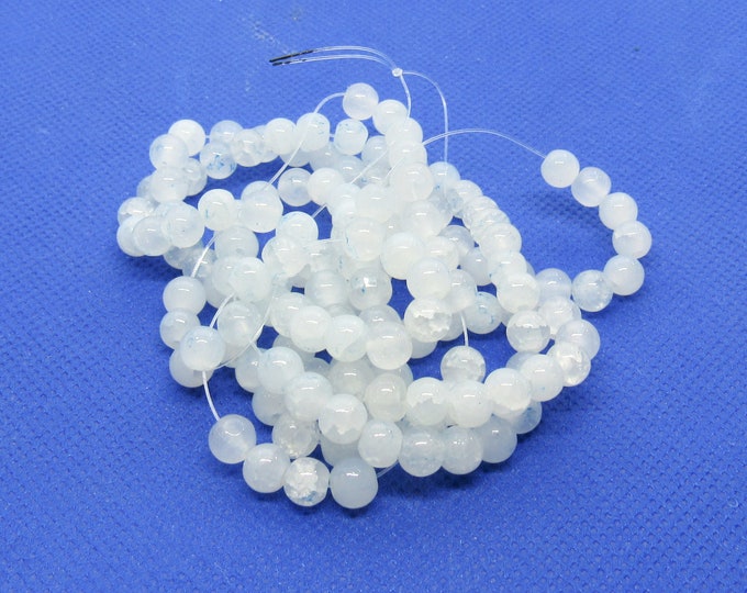 1 Strand 6mm Round Crackle Glass Beads - Opalite w/Blue Flecks (A15p)
