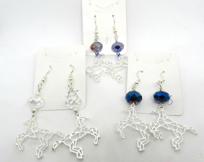 Crystal & Silver Plated Origami Horse Earrings w/ Silver Tone Earwires  (J3i30-31)