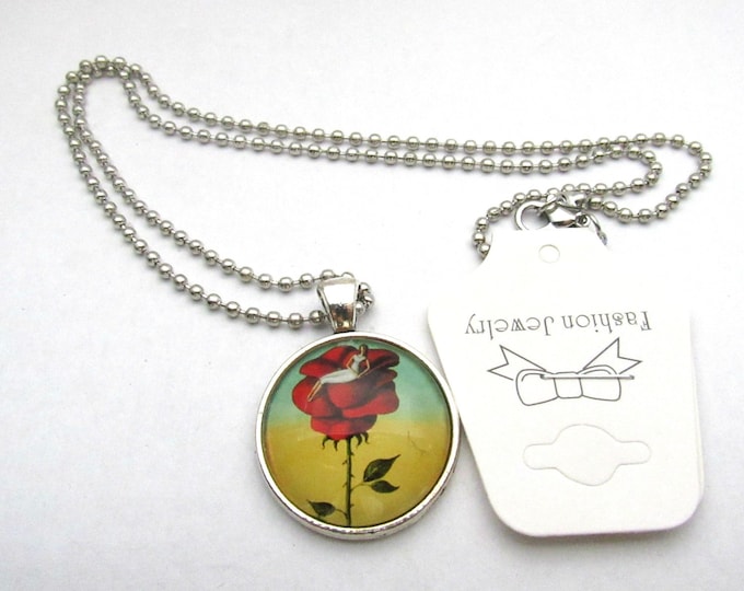 Silver Tone Fairy on Rose Glass Cabochon Pendant Necklace on 3mm Stainless Steel Ball Chain 20" (J9b)