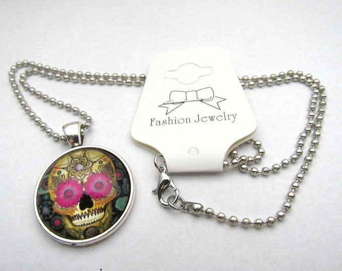 Silver Tone Day of the Dead Sugar Skull Glass Cabochon Pendant Necklace on 3mm Stainless Steel Ball Chain 20" (J9i)
