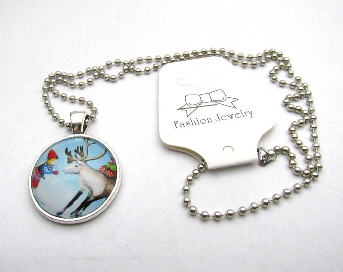 Silver Tone Elf and Reindeer Glass Cabochon Pendant Necklace on 3mm Stainless Steel Ball Chain 20" (J9w)