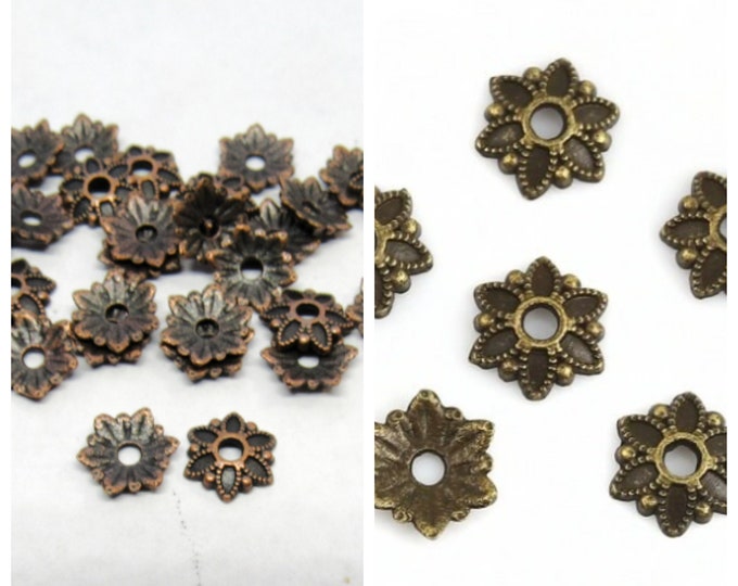 Antique Bronze or Copper Tone Alloy Flower Bead Caps 8x7mm (A270b/330f)