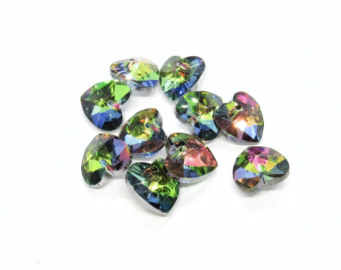10 Peacock Color Faceted 15mm Heart Glass Crystal Beads w/Foil Back (A195q)
