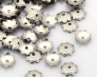 25 (304) Stainless Steel 8 Petal Flower Bead Caps 7mm Fits 8mm+ Beads (A232c)