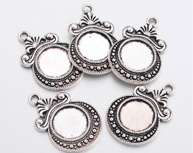 10 Antique Silver Tone Round Alloy Cabochon 28x19x2mm (Fits 12mm) Pendant Trays  (A288b)
