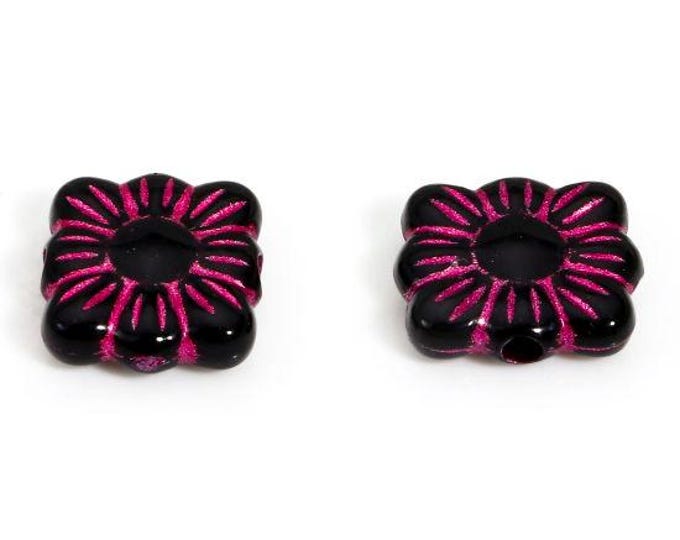25 pcs Square Acrylic Retro Beads 11mm x 9.5mm - Black Plum Blossom (A82b)