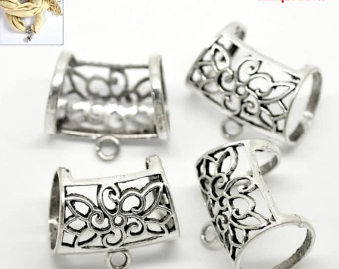 2 Antique Silver Alloy Wrap Scarf Bails w/Flower Pattern 3.3x2.8cm (A298d/bu15)