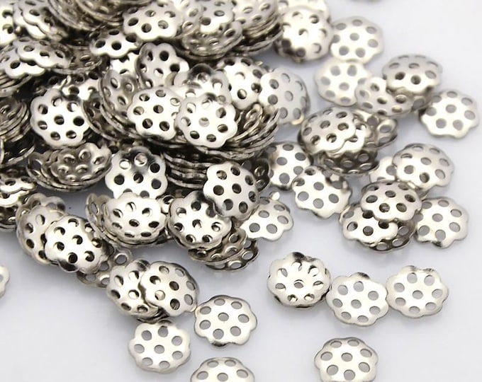 50 (304) Stainless Steel Silver Tone Flower Bead Caps 6mm Fits 7mm+ Beads (A66d)