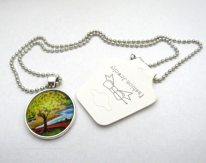 Silver Tone Country Fall Landscape Glass Cabochon Pendant Necklace on 3mm Stainless Steel Ball Chain 20" (J9e)
