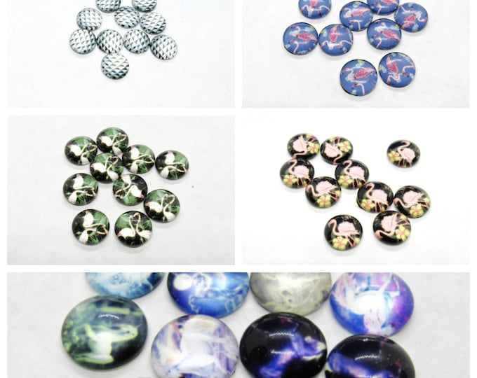 Choice of Design 10 Half Round Dome Flat Back Glass Cabochons 12mm
