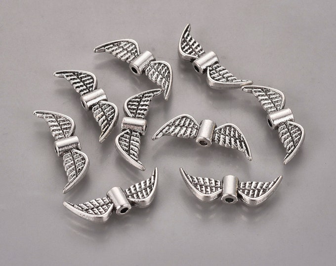 25 Antique Silver Tone 21.5x7.5mm Alloy Angel Wing Spacer Beads (A348e)
