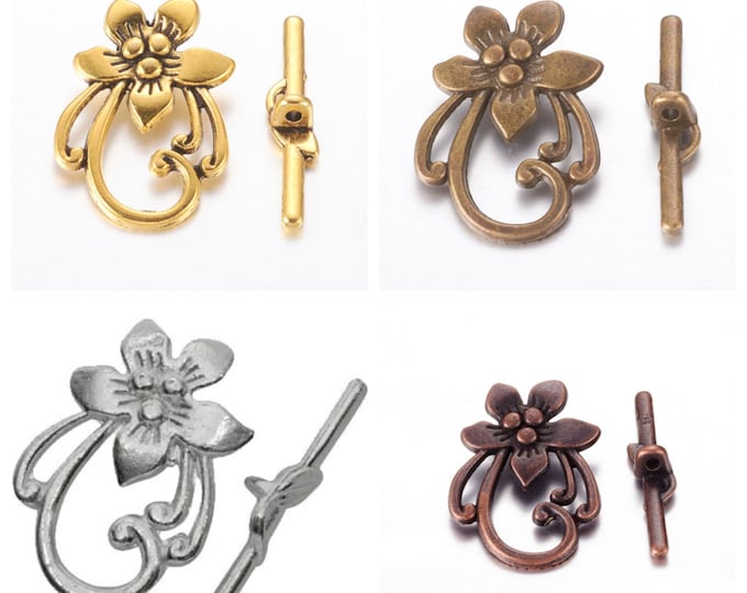10 Sets Choice of Tone Flower Toggle Clasps 20x28mm