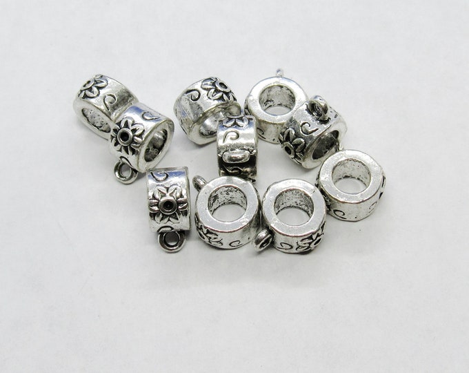 10 Antique Silver 12 x 9mm Alloy Carved Flower Round Pendant Bails  (A143c)