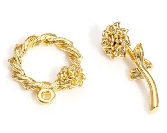 1 Real 18K Gold Plated Braided Rose Flower Toggle Clasp 18x16mm  (A66k