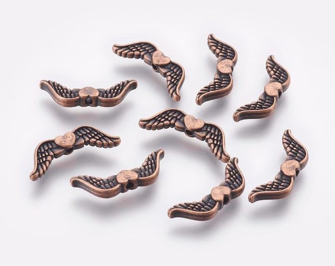 25 Antique Red Copper Tone 20x7mm Alloy Angel Wing w/Heart Spacer Beads (A472a)