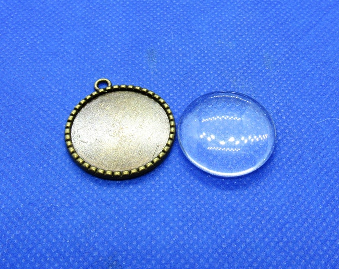 1 Antique Bronze Cabochon Round Trays w/Tree of Life 30x28mm & Glass Dome (A70z)
