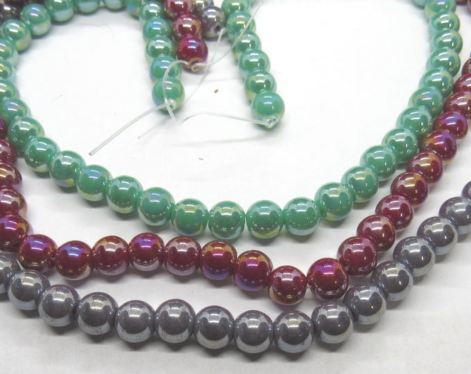 1 Strand 8mm Choice of Color AB Plated Opaque Glass Beads (102a-c)(10/25)