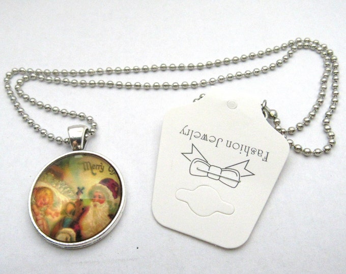 Silver Tone Santa Claus Father Christmas Glass Cabochon Pendant Necklace on 3mm Stainless Steel Ball Chain 20" (J9h)