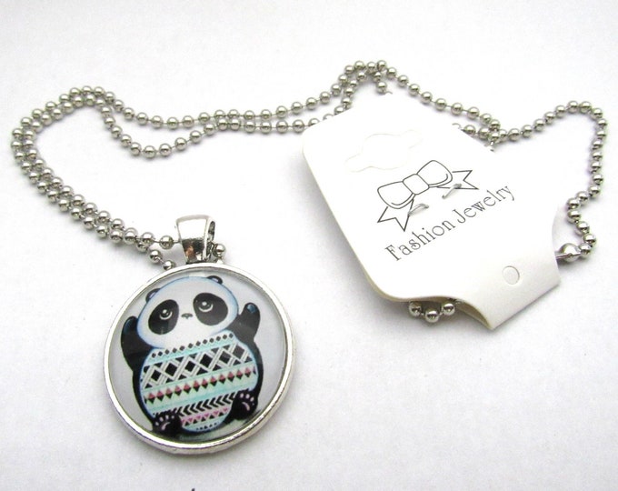 Silver Tone Panda Glass Cabochon Pendant Necklace on 3mm Stainless Steel Ball Chain 20" (J9g)