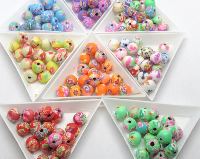 20pcs Choice of Color 7-9mm Handmade Round Polymer Clay Beads in Mixed Designs (A310ab-j)