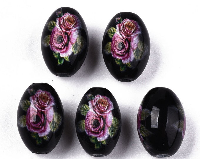 5 Printed and Spray Painted 15x10mm Oval Glass Beads - Black Floral Pattern (A251a)