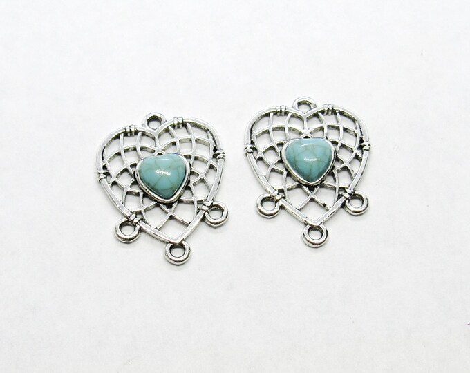 2 Antique Silver 1 to 3 Heart Chandelier Links w/Faux Turquoise 30x23mm (A187r)