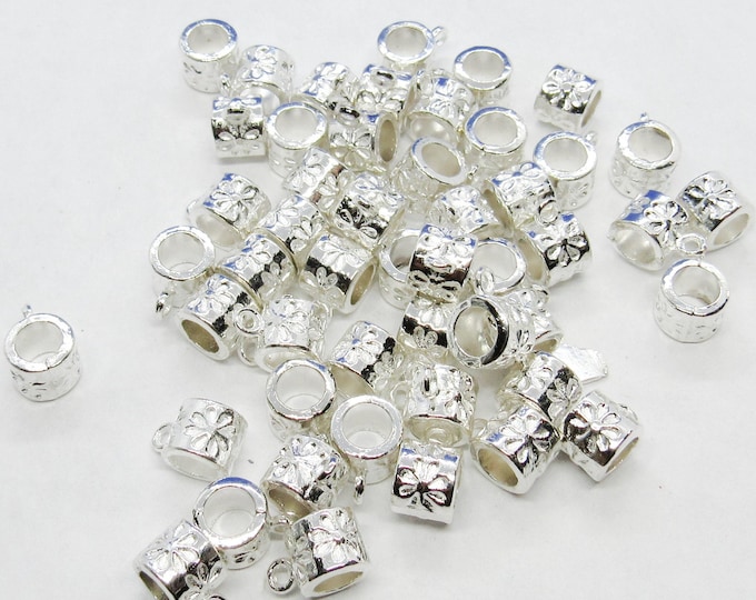 50 Silver Tone 10 x 7mm Alloy Carved Flower Round Pendant Bails  (A156d)