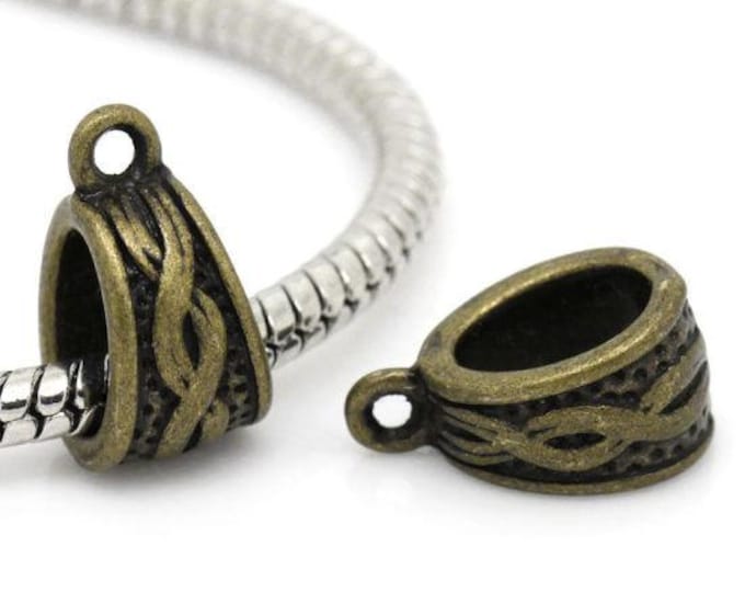 25 Antique Bronze Tone Triangle Charm Bail Beads Carved 14x7mm (A317c)