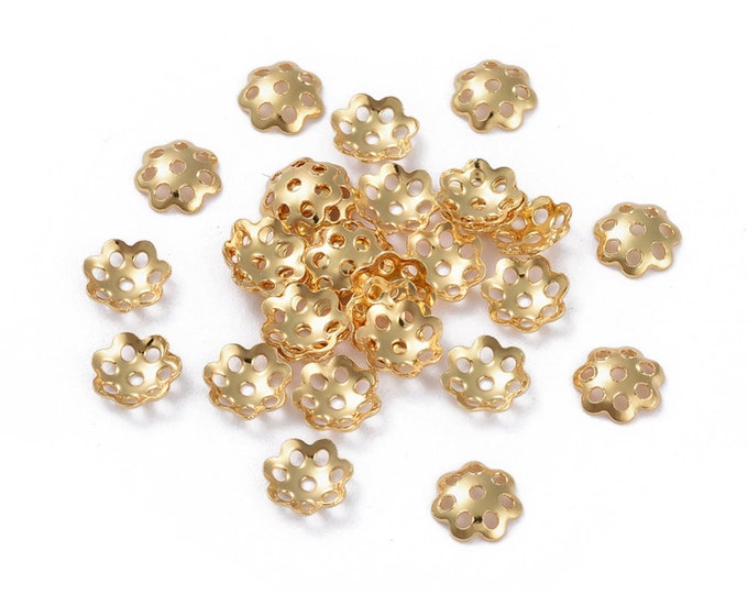 Stainless Steel (304) Gold Tone Flower Bead Caps 6mm Fits 7mm+ Beads (A232d)