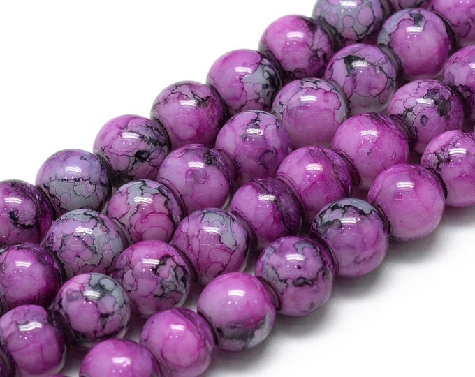 Wholesale Lot of 10 Strands 8mm Round Mottled Glass Beads - Gray/Fuschia/White (Desk E-i)