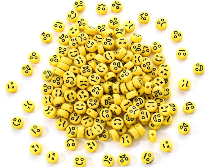 100 Yellow Acrylic Round 7x4mm Beads w/Assorted Emoji Expressions (A289a)