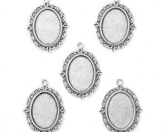5 Antique Silver Cabochon Oval Pendant Trays 29.5x22mm (Fits 18x13mm Cabs) (A363n)