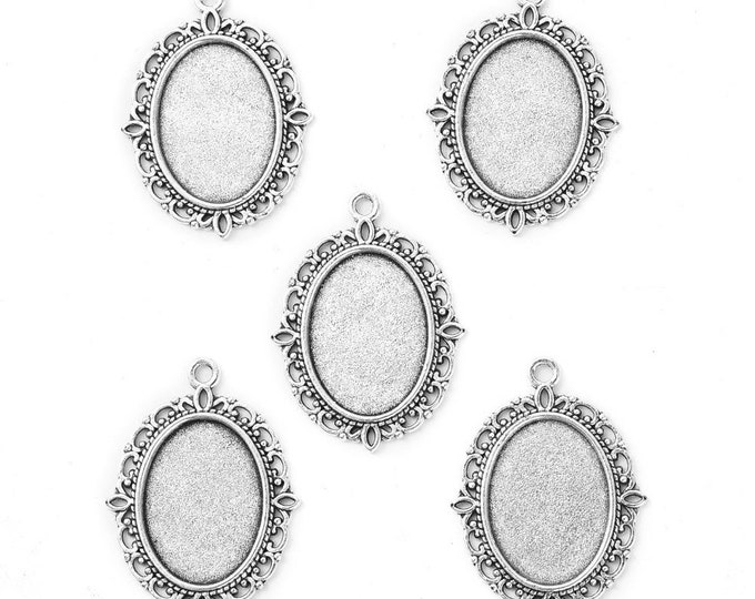 5 Antique Silver Cabochon Oval Pendant Trays 29.5x22mm (Fits 18x13mm Cabs) (A363n)