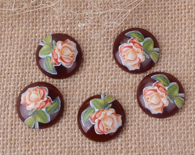 5 Japanese Tensha 25mm Round Sakura Flower Flat Back Cabochons - Coffee (A332f)