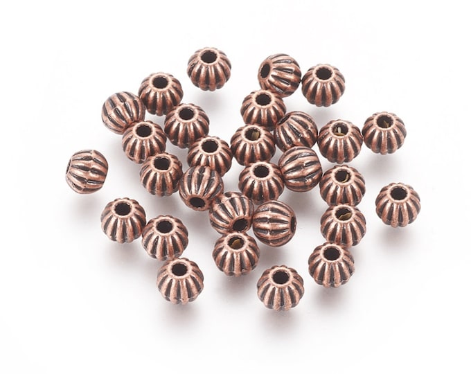 25 Antique Red Copper Tone Alloy 6mm Corrugated Round Spacer Beads  (A443g)
