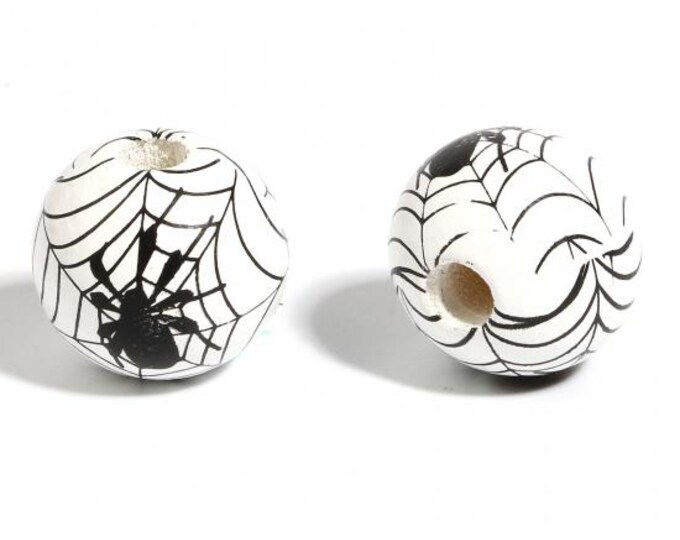 10 Wooden 16mm Round Beads with Spider Web/Spider  (A481a)