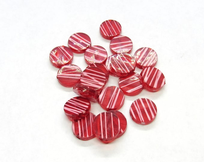 20 Translucent Acrylic Flat Round 15mm Beads - Red w/White Striping (A25m)