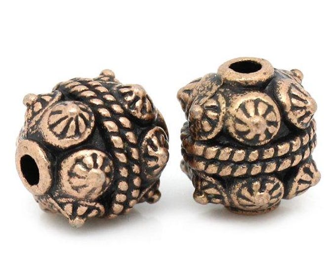 10 Large & Heavy Red Copper Tone Round Carved Flower Spacer Beads 11x10mm (A326h)