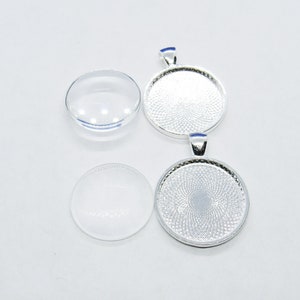2 Silver Plated Cabochon Round Pendant Trays 36x28mm w/ Glass Domes (Fits 25mm Cabs) (A192L)