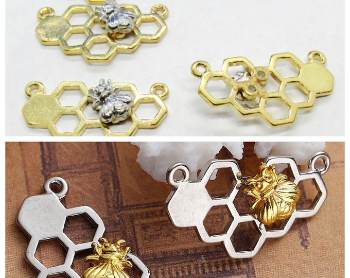 5Pc Choice of Gold Plated or Silver Tone Alloy Honeycomb w/ Bee Connector Links 25x14mm (A128k/401b)