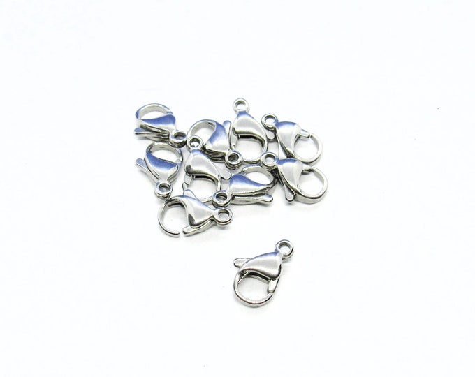 10 (304) Stainless Steel Silver Tone Alloy Lobster Claw Clasps 13x8mm (A216q)