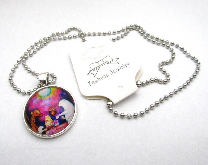 Silver Tone Animal Tea Party Glass Cabochon Pendant Necklace on 3mm Stainless Steel Ball Chain 20" (J9j)