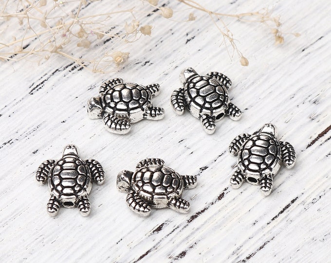 10 Antique Silver Tone 13 x 12mm Sea Turtle Spacer Beads (A224t)