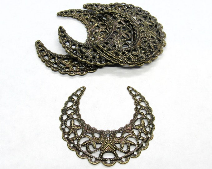 10 Antique Bronze Filigree Half Moon Alloy embellishments 43x38mm  (A18a)