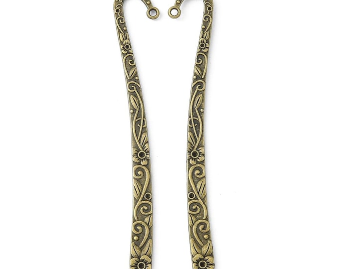 3 Antique Bronze Tibetan Alloy Bookmark Findings w/Flowers 119mm (A218b)